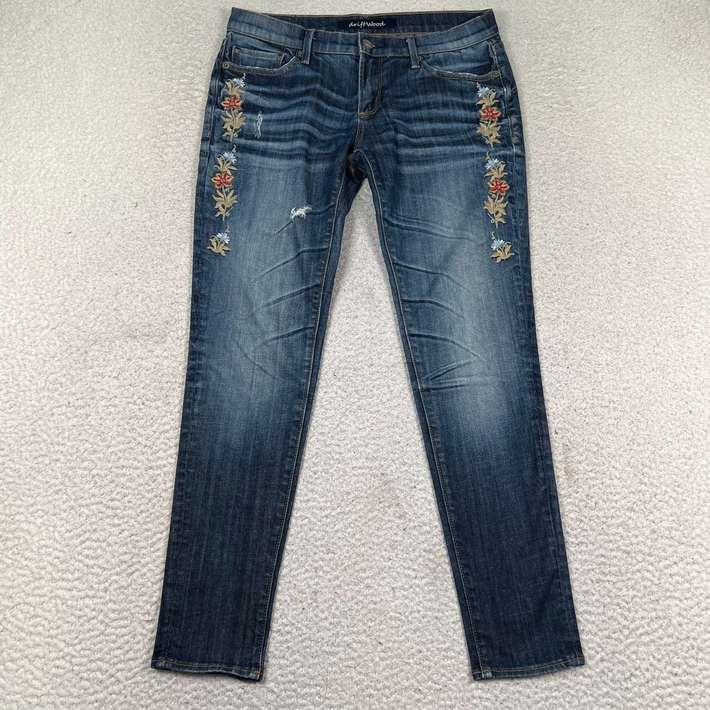 Driftwood Jeans Womens 28 *30 Slim Floral Embroidered Distressed Boho Blue Denim